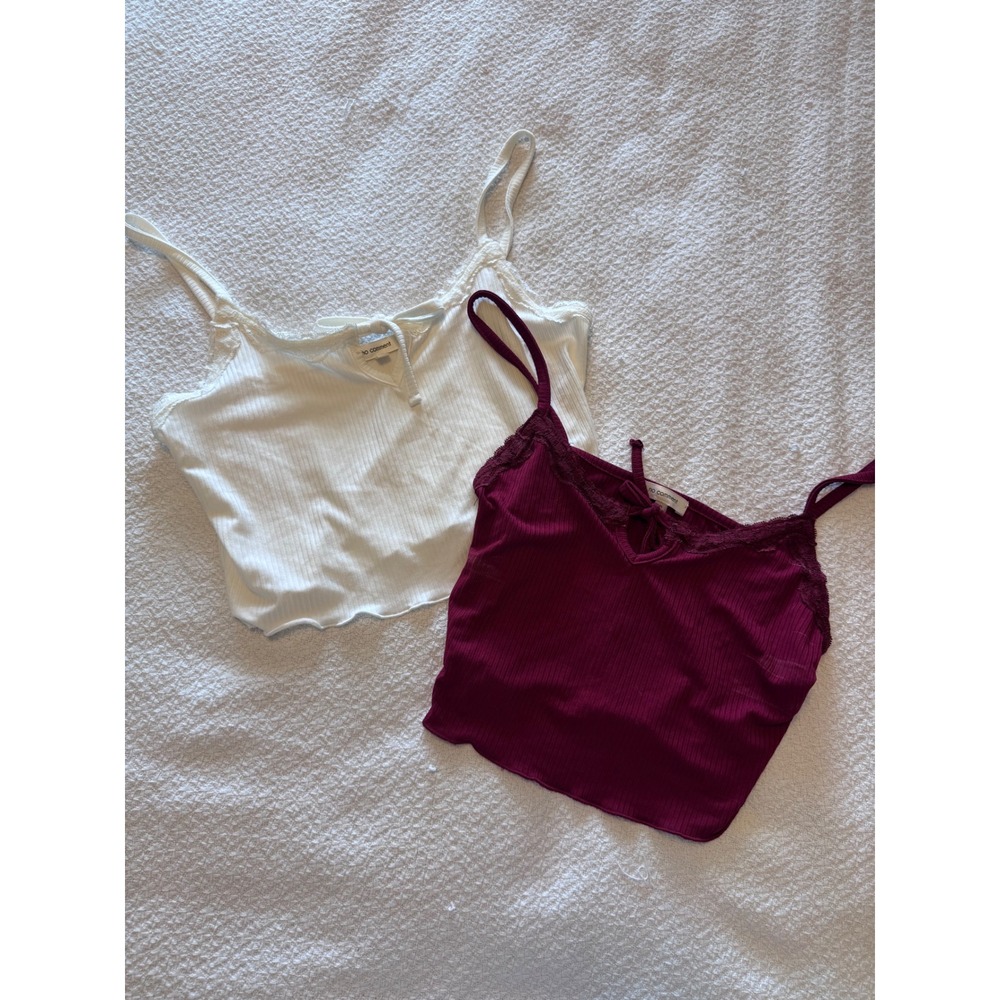 No Comment Ribbed Lace Trim Cami Crop Top Bundle White Burgundy Red 2 Pack M L